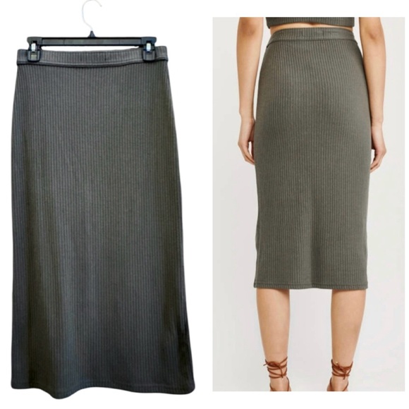 ABERCROMBIE AND FITCH Olive Midi Ribbed Skirt Long Side Slit Pencil Sleek Wmn S - Picture 7 of 14